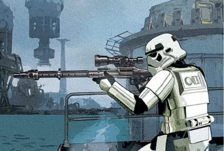 An Imperial stormtrooper in Coronet City takes aim