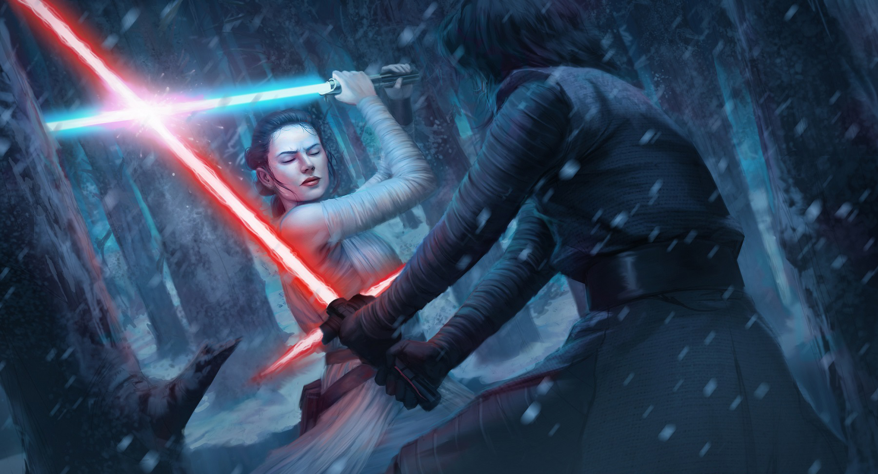 Rey draws on the Force to duel Kylo Ren.