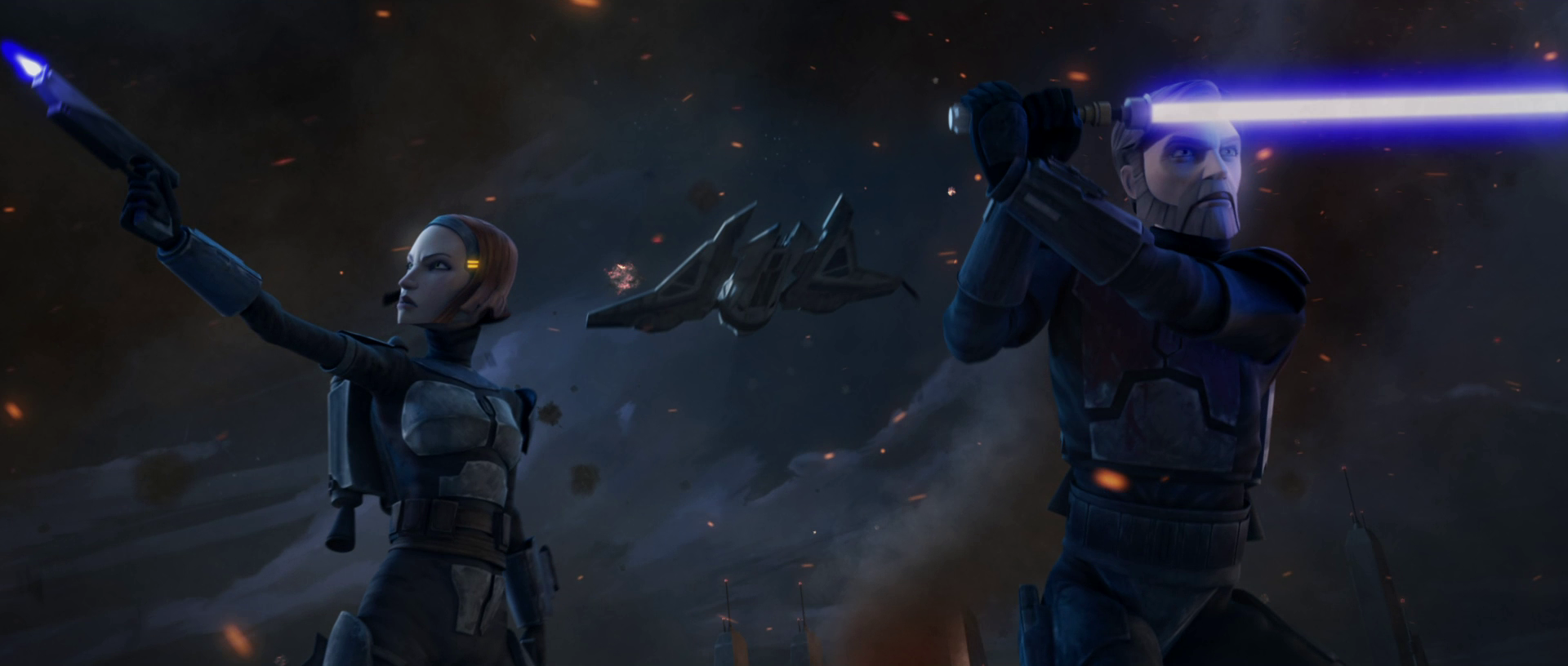 Obi-Wan fights alongside Bo-Katan as he makes his escape from Mandalore.