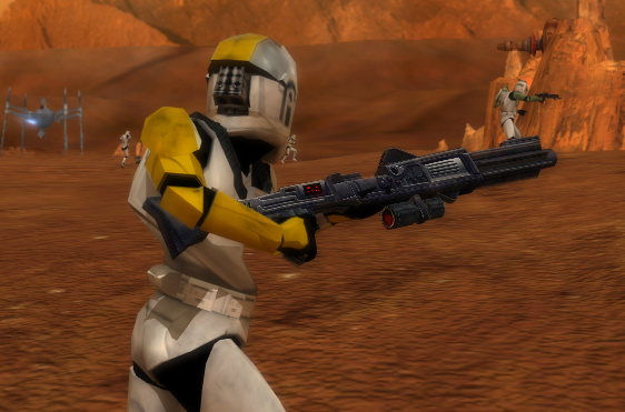 A clone trooper pilot carrying a bolt caster on Geonosis