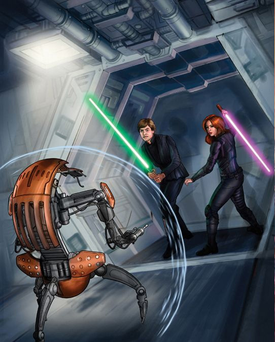 Luke and Mara face off against a droideka.