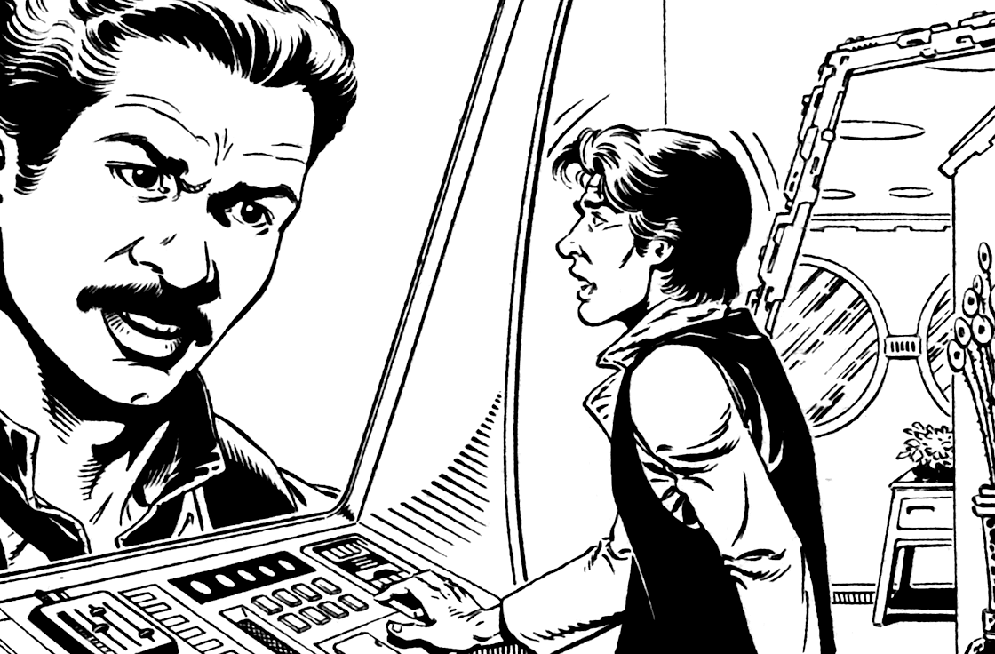 Han Solo speaks with Lando Calrissian from the bedroom of his sky house.