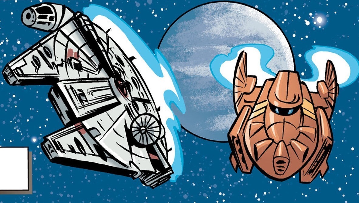 The Millennium Falcon (left) and Sollima's starship (right) departing from Simbarc