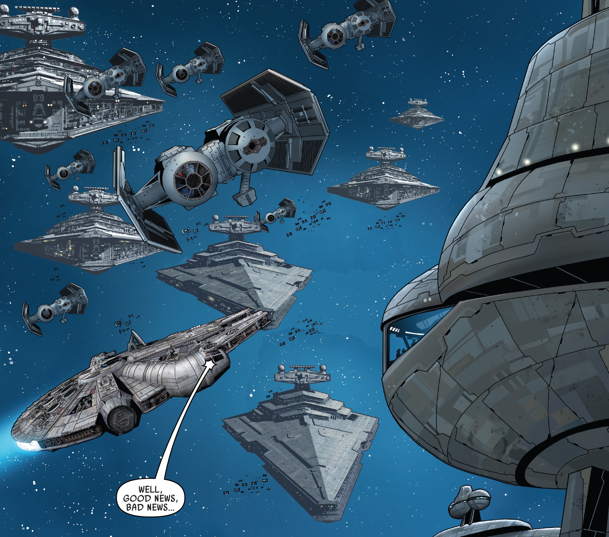 The Falcon faces the Imperial fleet over Mon Cala.