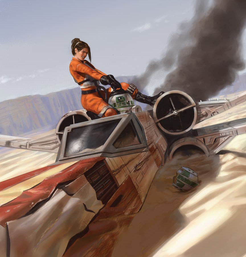 A Rebel pilot works to remove her astromech, who would serve as the ship's navigational assistant, from her crashed X-wing.