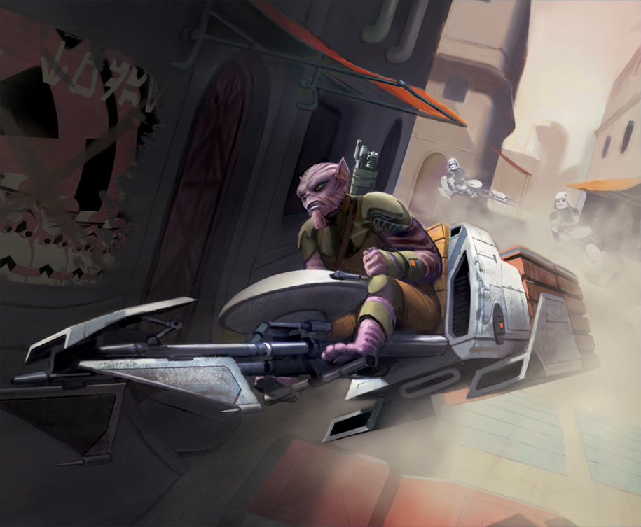 Zeb makes off with a stolen speeder bike and crates