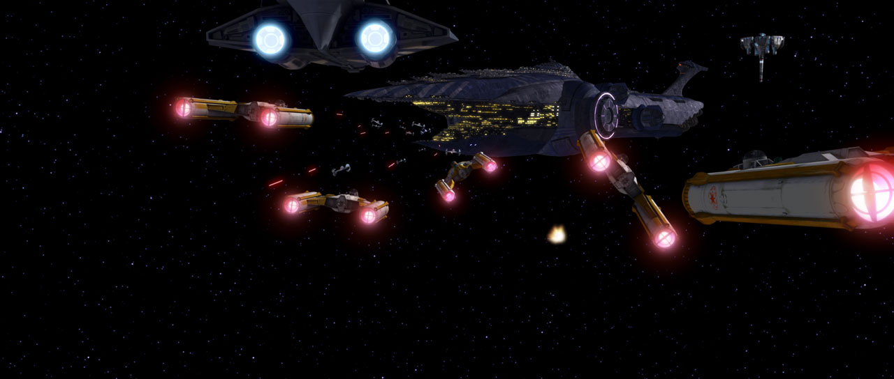 Shadow Squadron begins its attack run on the Malevolence.