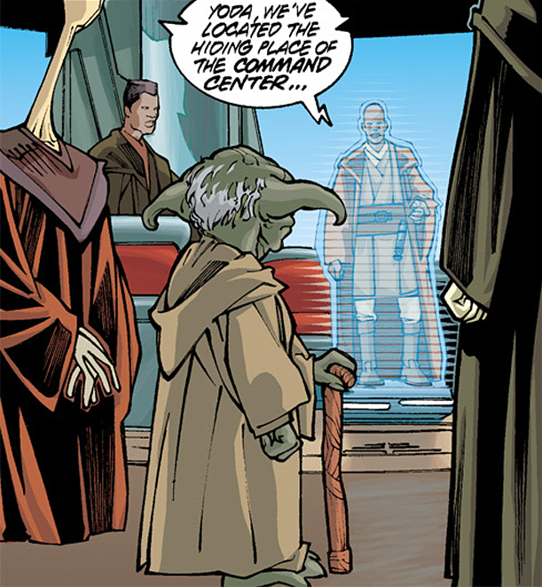 Mace Windu contacting Master Yoda on Coruscant.