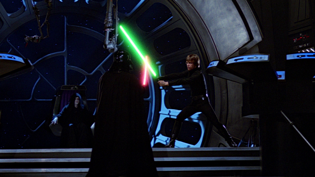 Luke Skywalker duels Darth Vader before the Emperor aboard Death Star II.