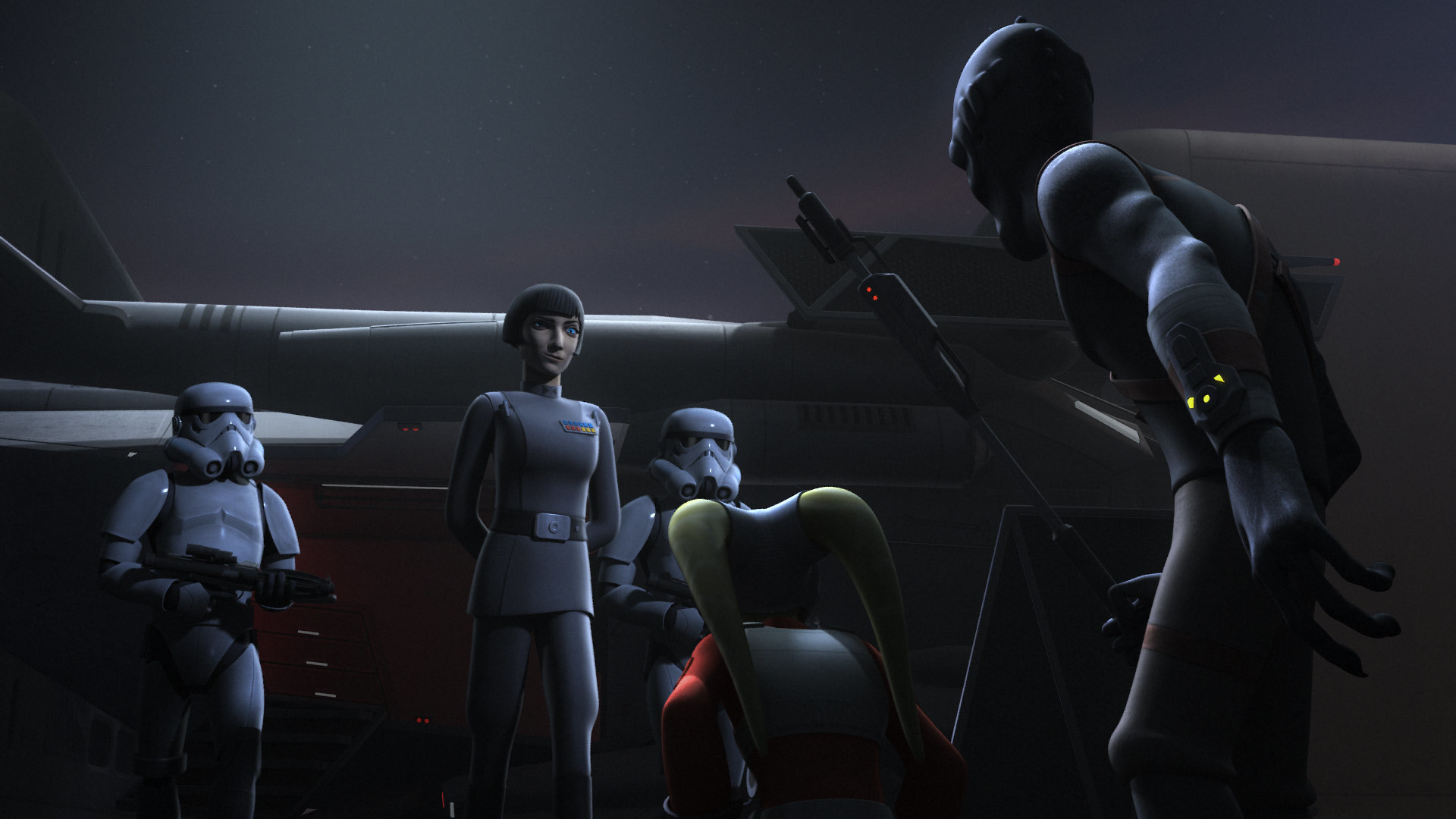 Rukh presenting the captive Hera Syndulla to Governor Pryce