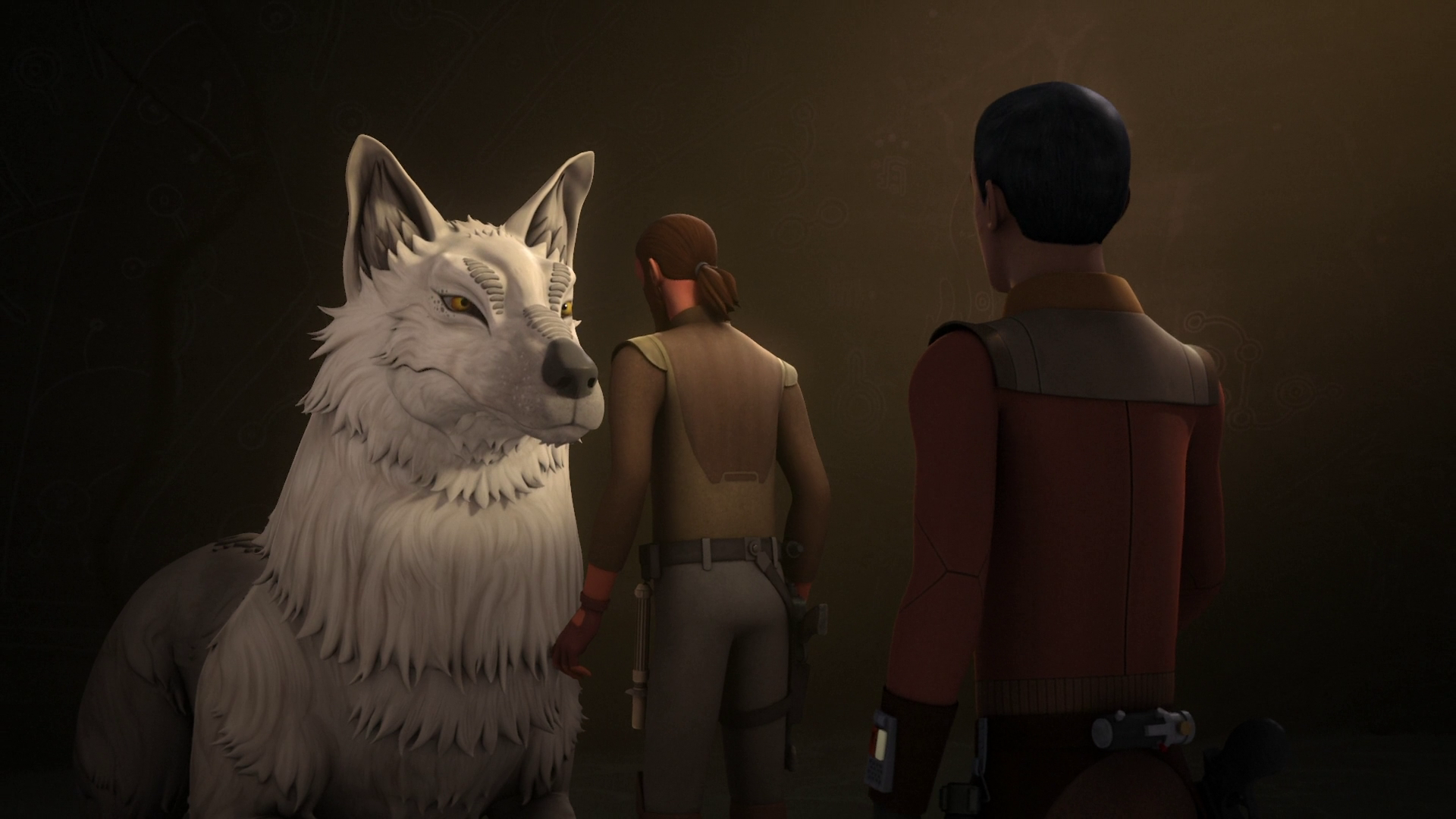 Kanan communes with the white Loth-wolf in the cave.