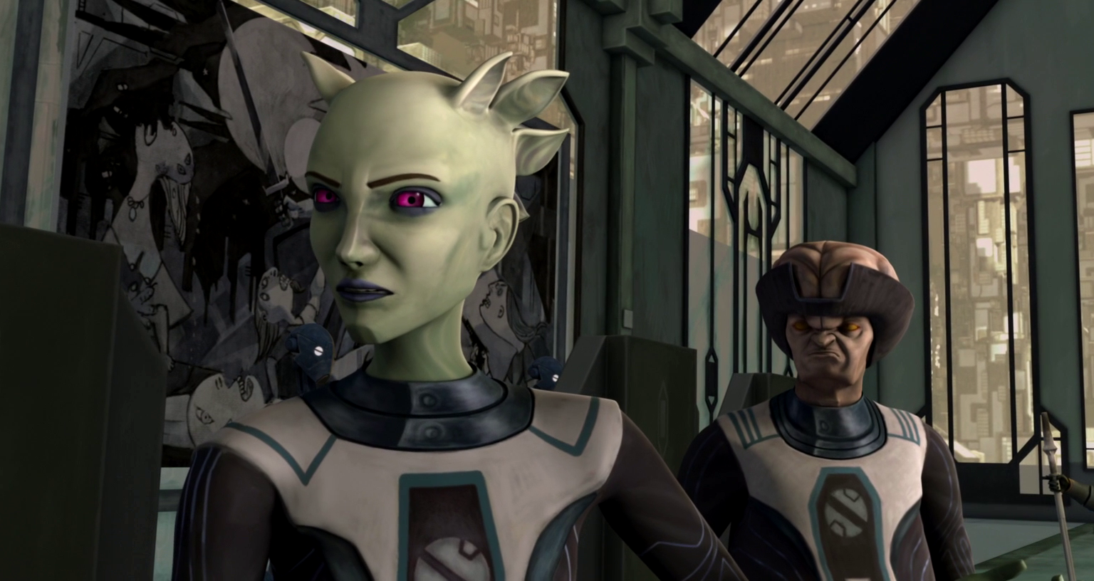 Bec Lawise and Voe Atell during the peace conference on Mandalore.