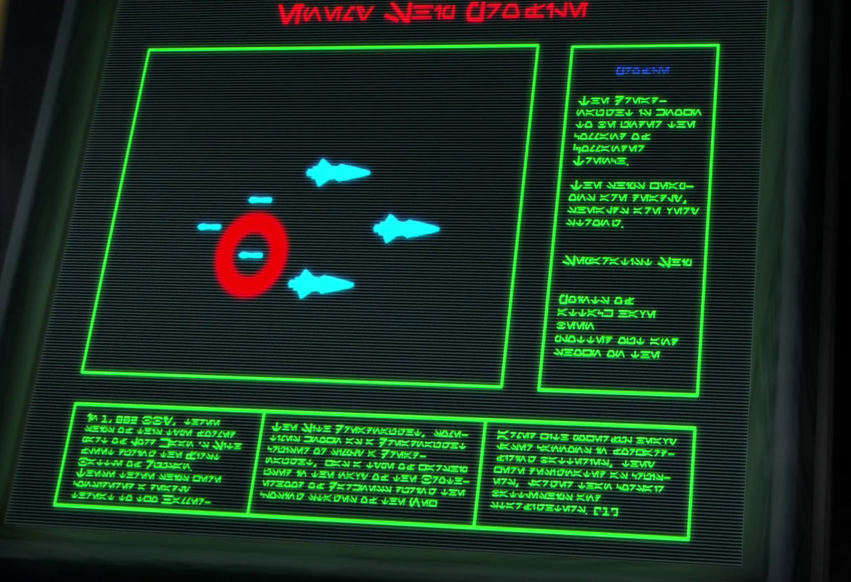 An excerpt from a Wookieepedia article on the Dreadnaught cruiser (bottom columns; in Aurebesh, transliteration available here) was presented as in-universe text on a data screen in the Star Wars: The Clone Wars episode "Cat and Mouse."