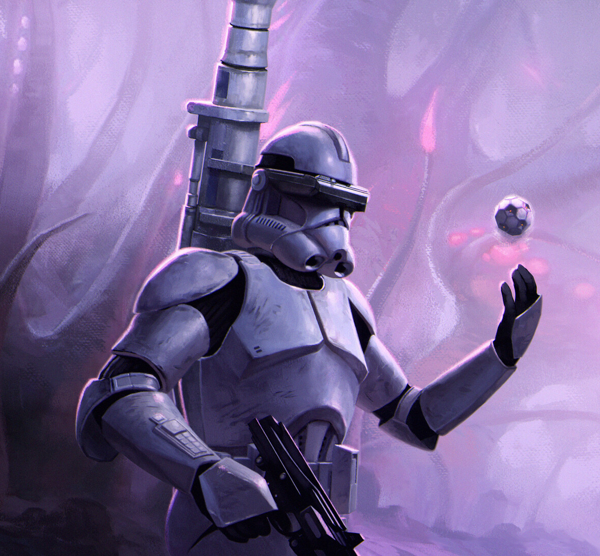 A clone trooper carrying a mortar launcher