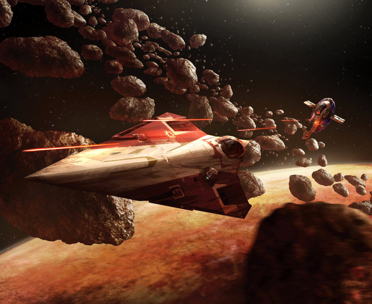 Kenobi evades fire from Fett's Slave I in the asteroid belt around Geonosis