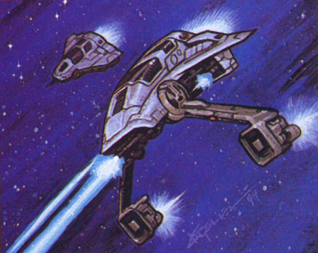 Defender starfighters in combat.