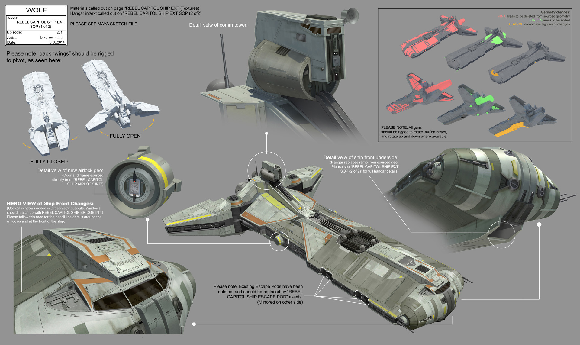 Concept art of the changes made to the Pelta-class frigate for Star Wars Rebels