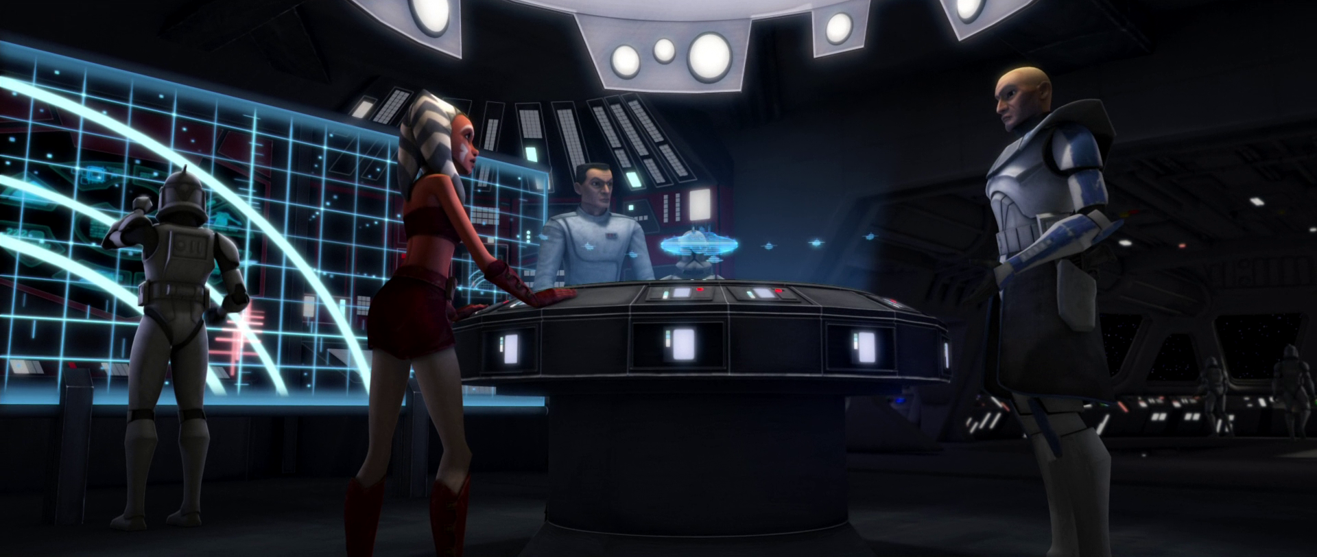 The officer confers with Tano and Rex on the bridge of the Resolute.