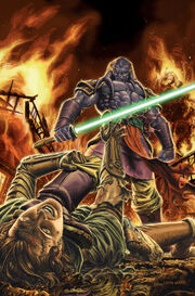 Feln battles Zayne Carrick in the ruins of his home village on Odryn.