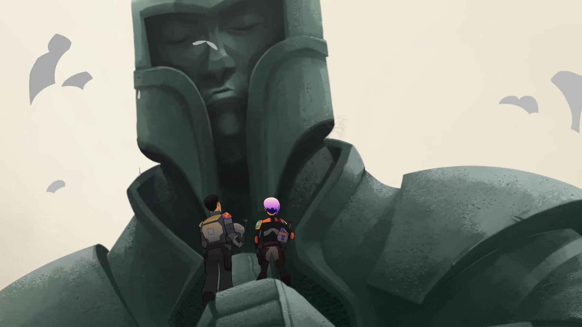 Tristan and Sabine admire the freed Tarre Vizsla statue