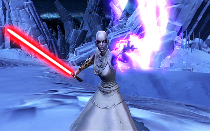 A promotional image showcasing XoXaan's outfit in Star Wars: The Old Republic