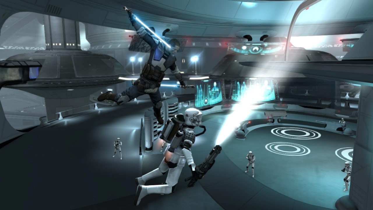 Starkiller attacks a jumptrooper on Kamino.