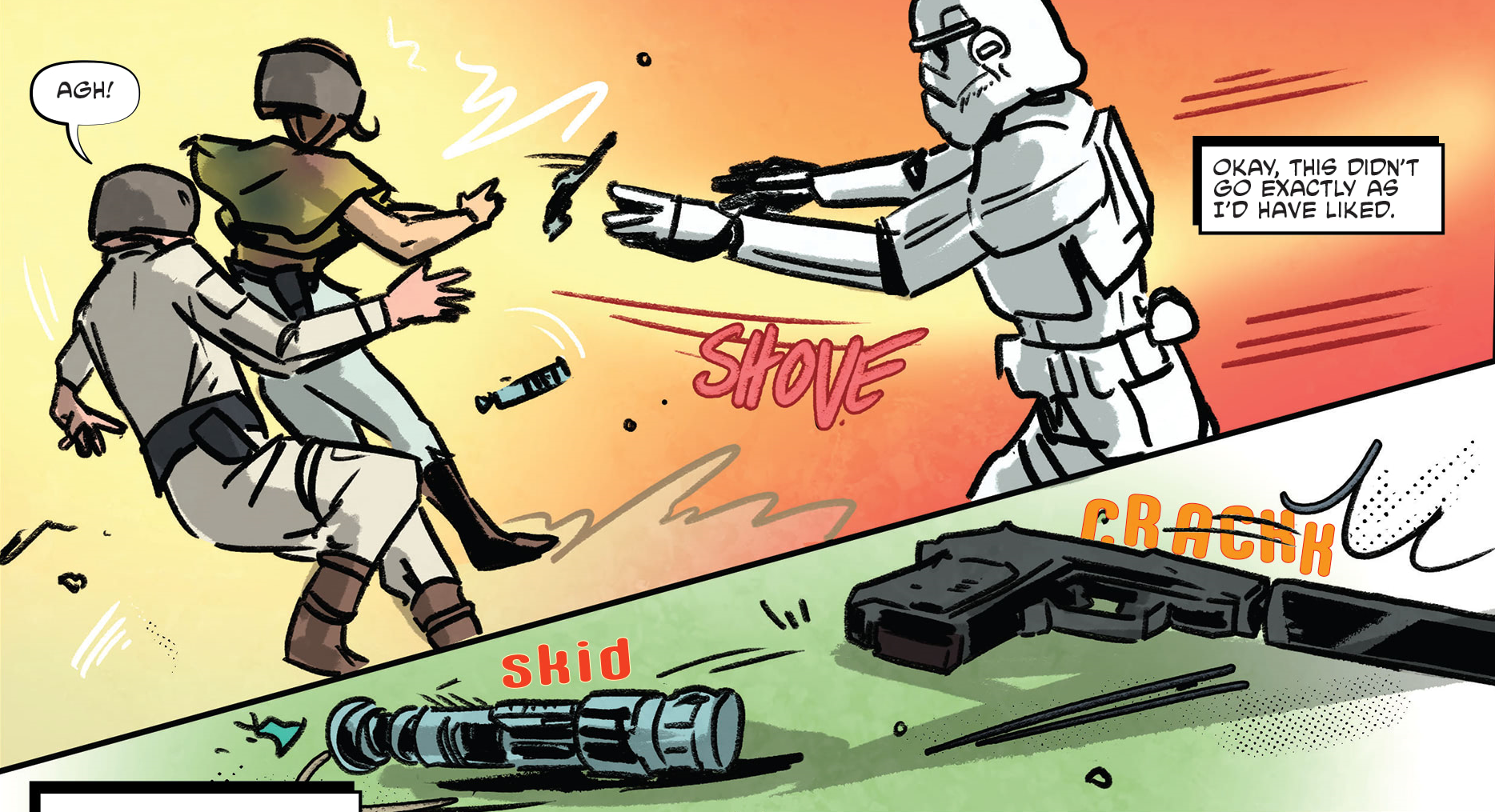 The trooper delivers a shove.