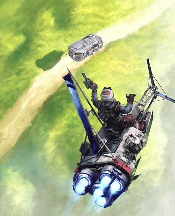 A rider on a Skyblade-330 spots a K79-S80 Imperial Troop Transport from above.