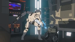 CS-515 wore the standard armor of a First Order stormtrooper, which Xiono appropriated for the purpose of spycraft.