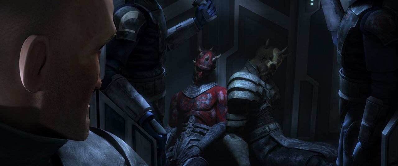 Vizsla gazes at Maul and Savage Opress, two Sith Lords he found near-death in deep space.