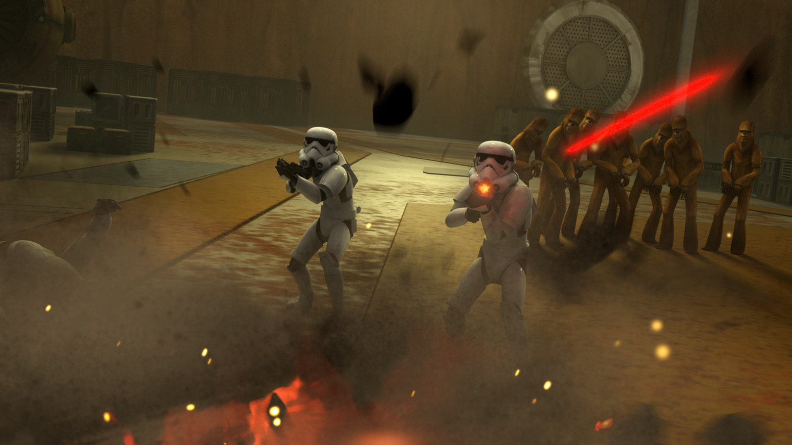 Stormtroopers are fired upon by the Ghost.