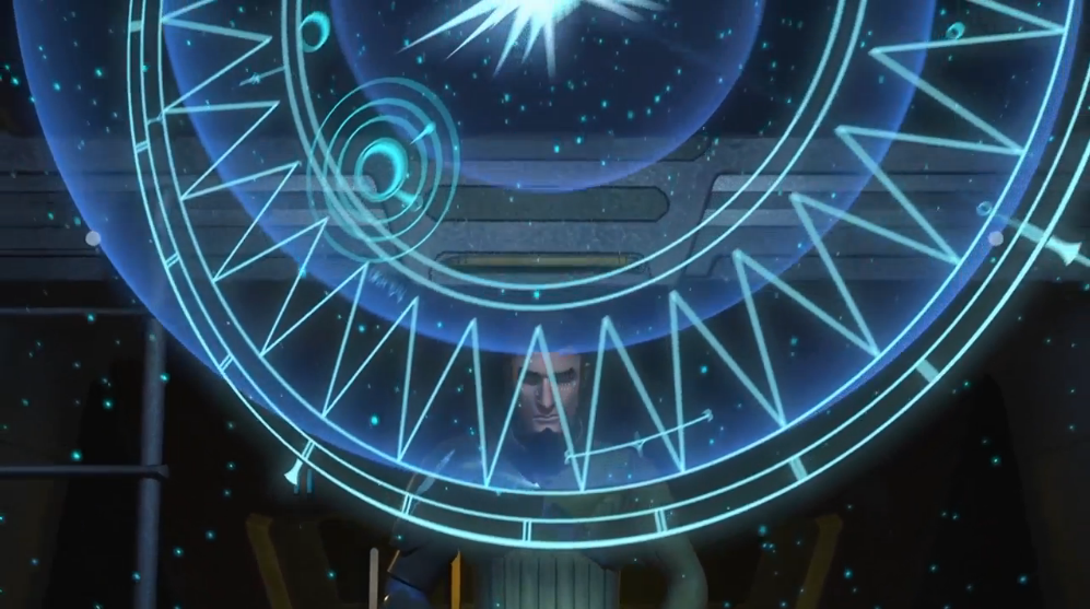 Kanan Jarrus studies a star map found within his holocron.