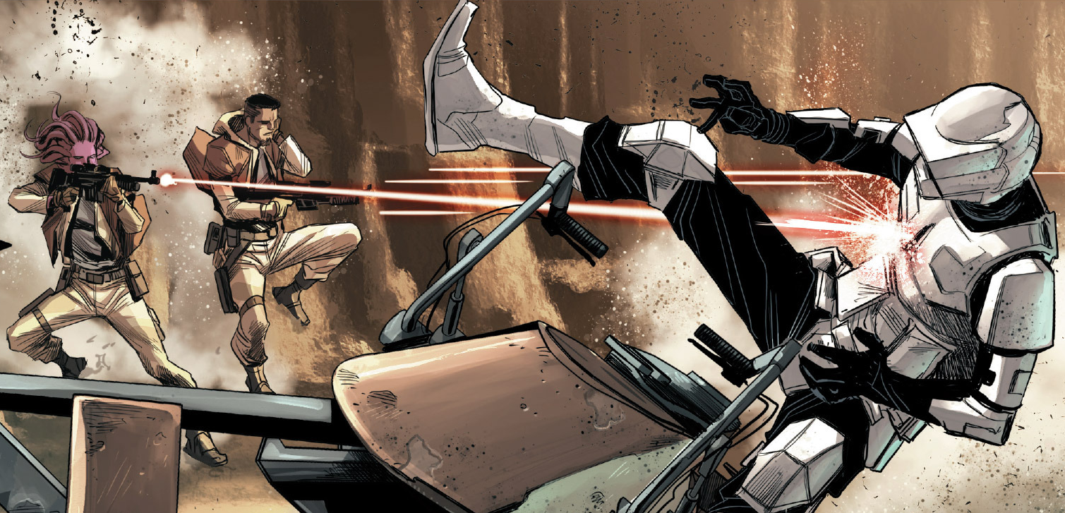 Dameron fights alongside Sakas during the raid at the Wretch of Tayron.