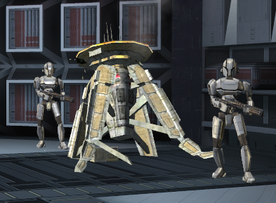 The captured probe droid under guard in the Sith Embassy.