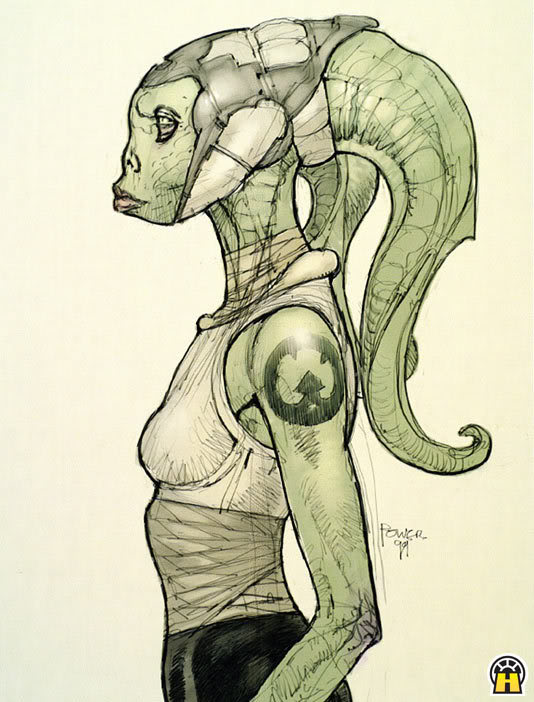 Early, unused concept art by Dermot Power, of a fish-like Jedi that would evolve into Kit Fisto.