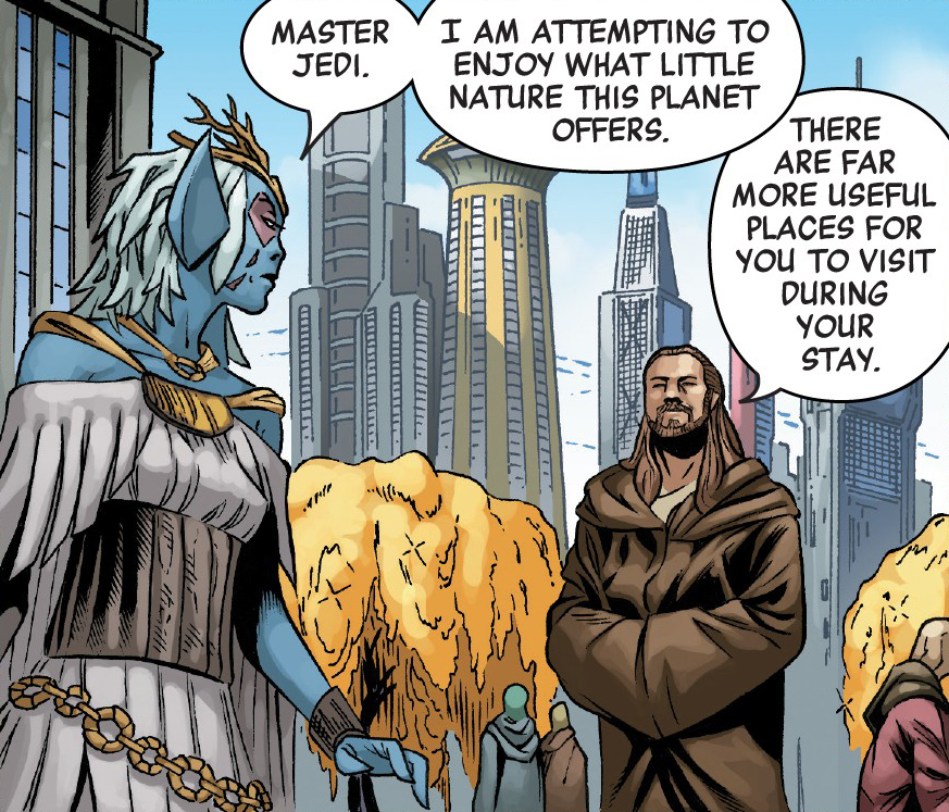 Qui-Gon Jinn meets Th'er on Coruscant.