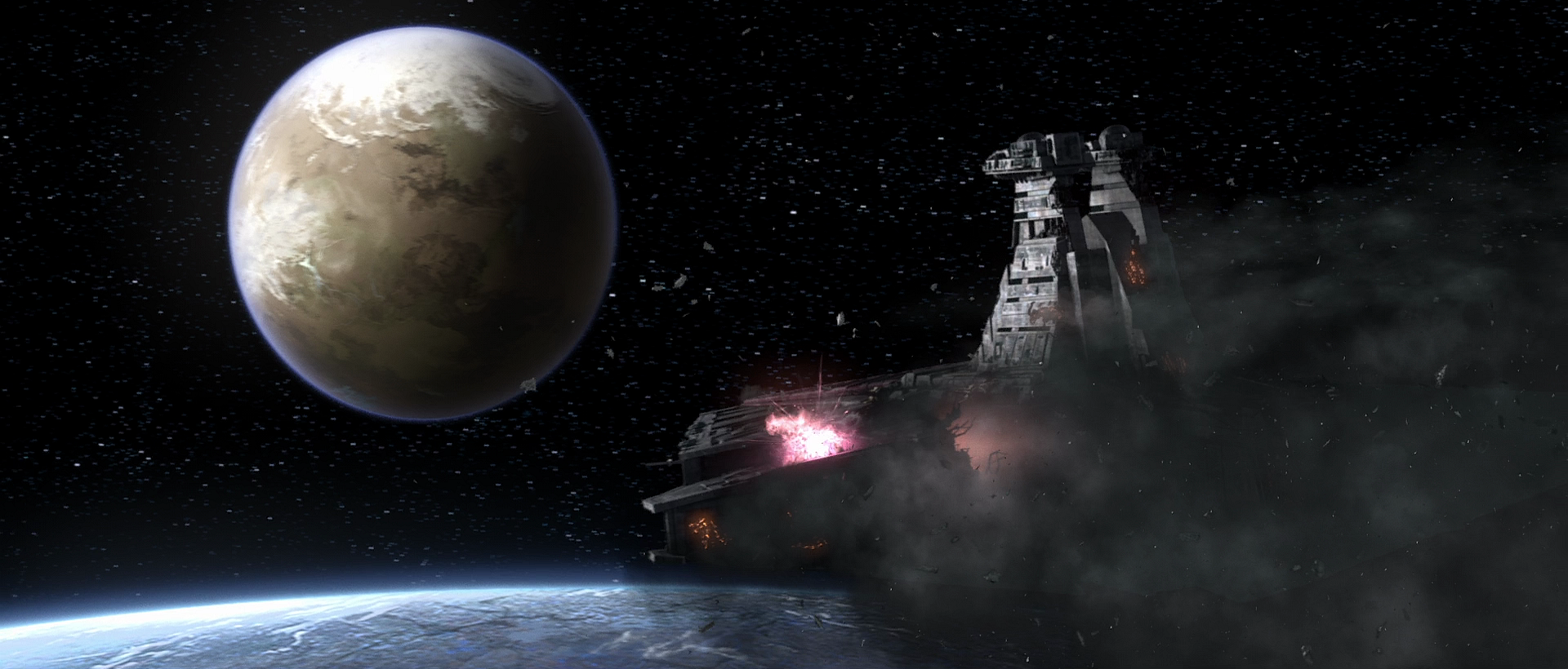 The damaged Tribunal careens toward a moon.