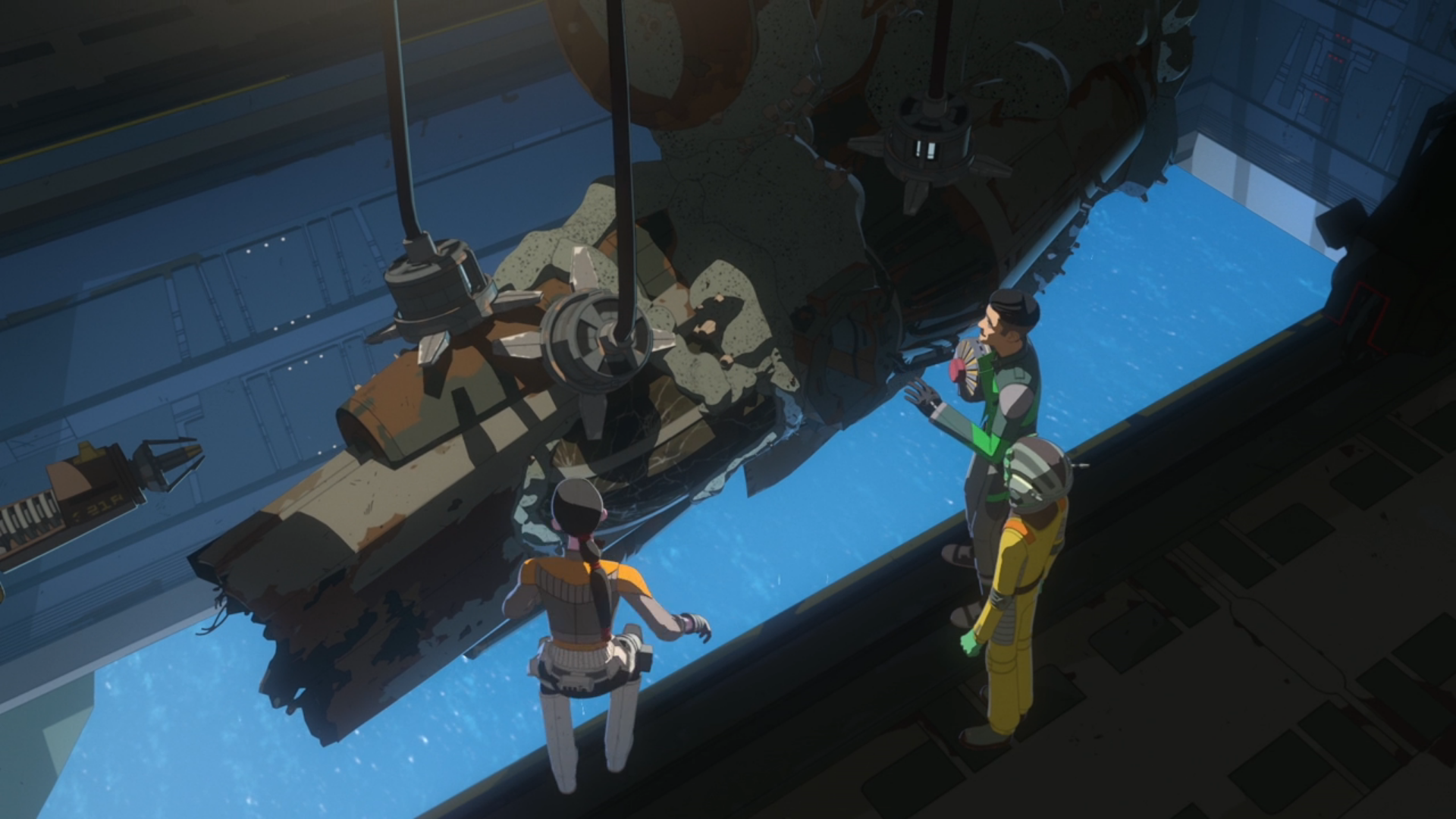 Synara San, Neeku Vozo, and Kazuda Xiono discover the wreckage of one of Reaper Squadron's starfighters.