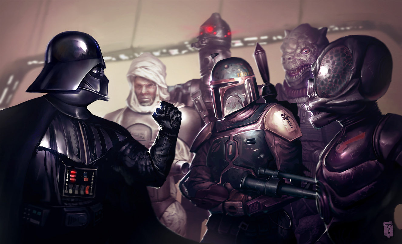 Darth Vader addresses Dengar and the other assembled bounty hunters.