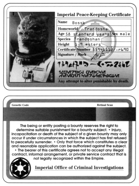 Bossk's Imperial Peace-Keeping Certificate, as pictured in Galaxy Guide 10: Bounty Hunters