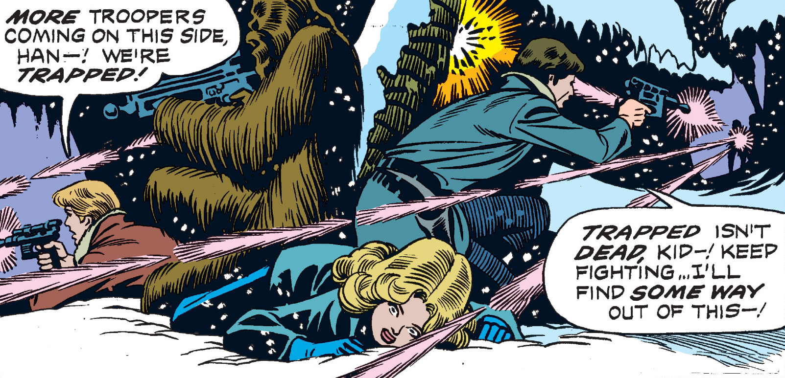 Mira Volz is protected by Han Solo, Chewbacca, and Luke Skywalker on Rion.