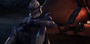 Rex guards the wounded and unconscious Anakin Skywalker on Maridun.