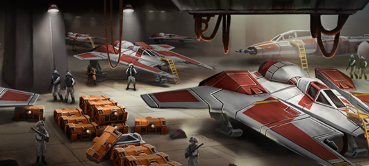 Fang fighters and a Y-wing in a hangar