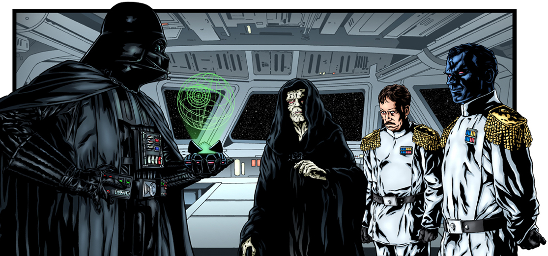 Darth Vader presents Emperor Palpatine, Miltin Takel, and Thrawn with plans for the second Death Star.