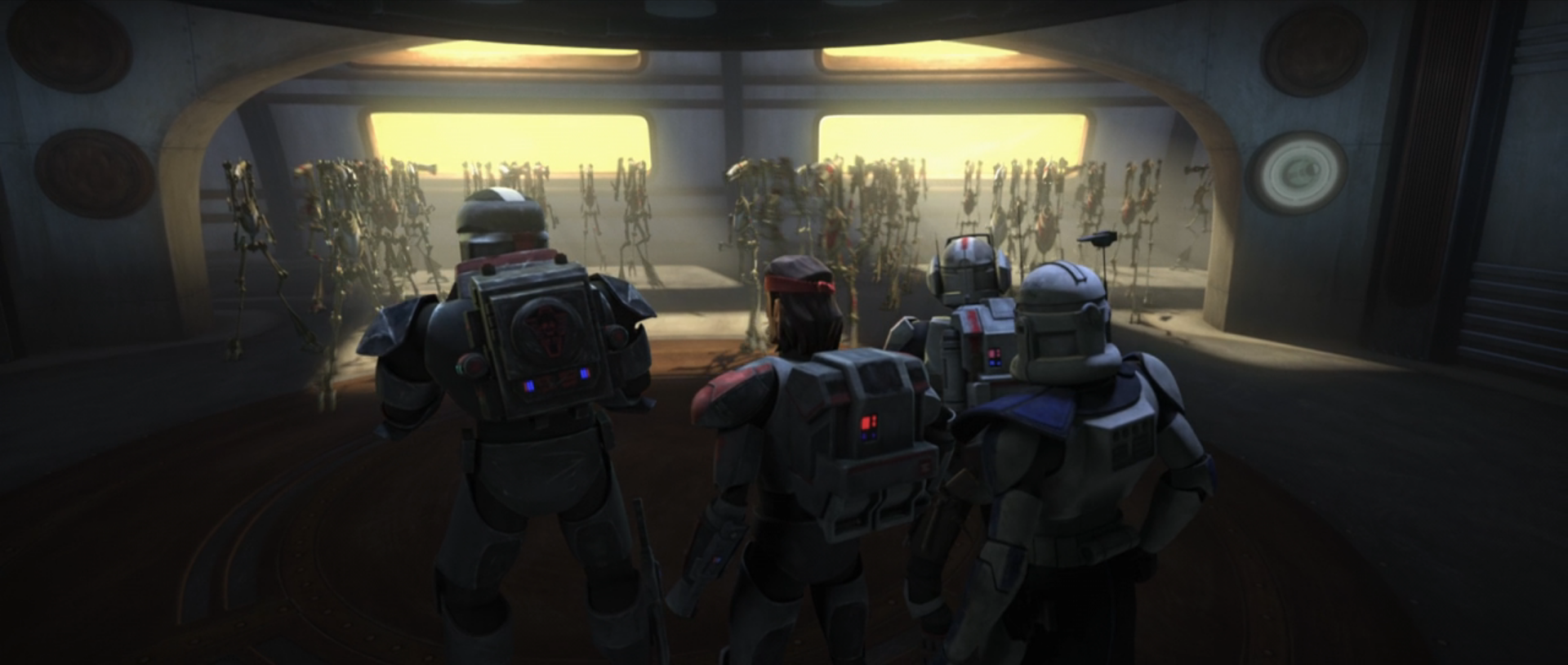 Clone Force 99 surrounded by droids