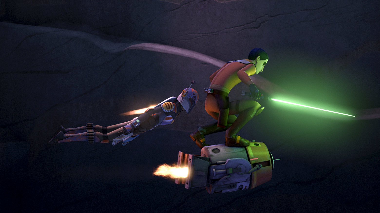 Ezra Bridger, Chopper, and Sabine fleeing the Imperial Super Commandos