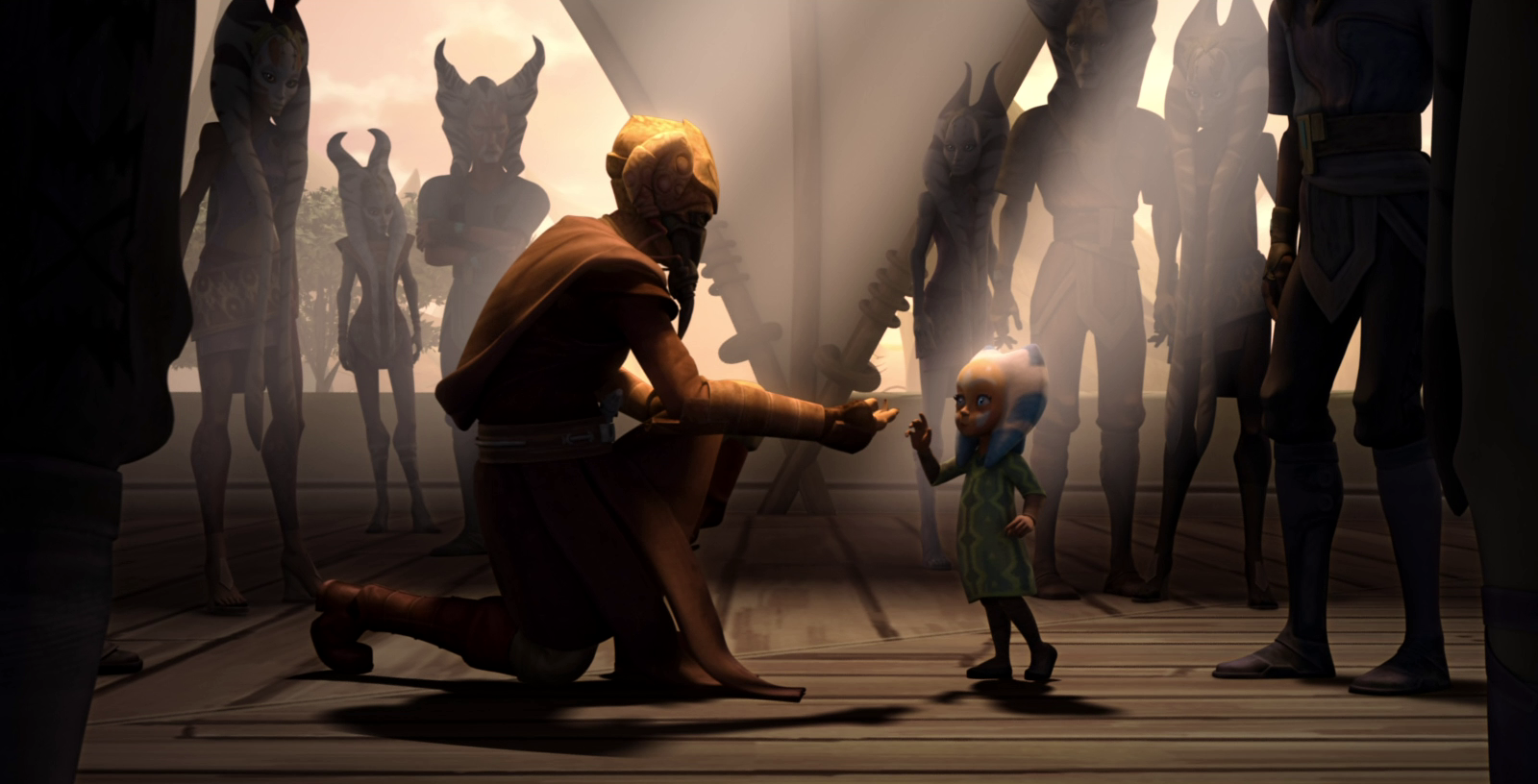 Plo Koon discovering a three-year-old Ahsoka Tano.