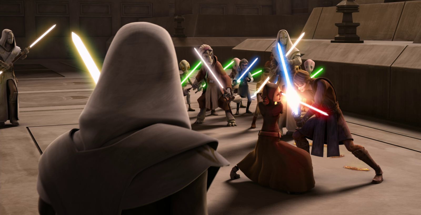 Sinube and the younglings witnessing the fierce duel between Skywalker and Offee