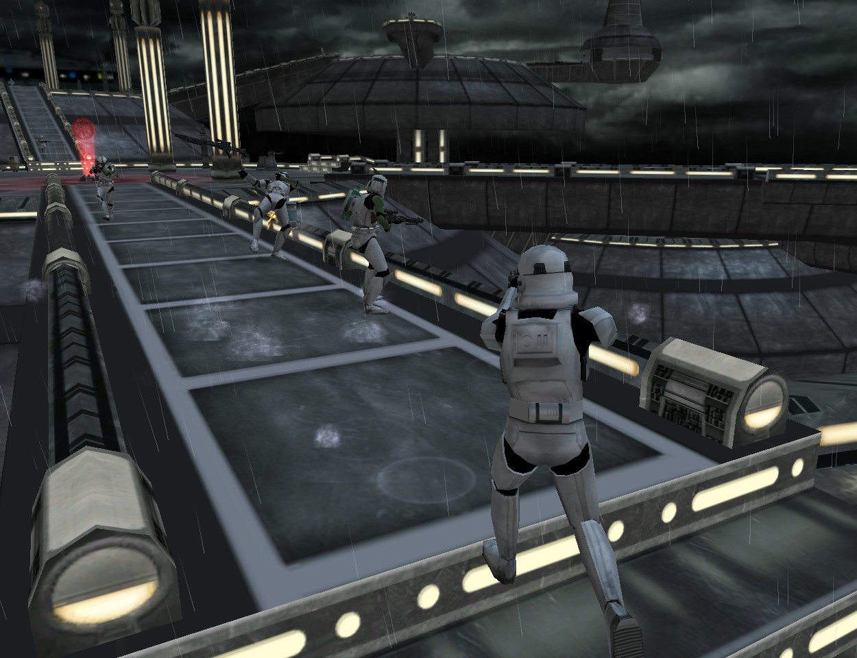 A clone stormtrooper attacks anti-troopers in Tipoca City.