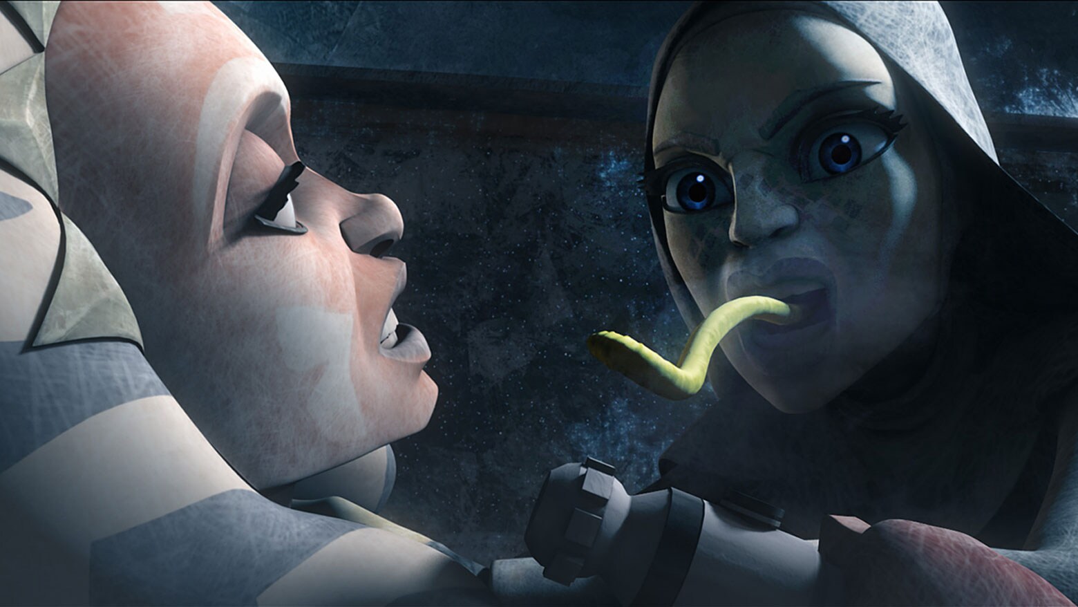 An infected Barriss attacks Ahsoka on board the TB-73.